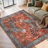Covaba vintage leopard area rug in burnt rust, styled in a room setting, view 4