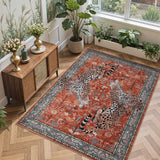 Covaba vintage leopard area rug in burnt rust, styled in a room setting, view 6