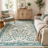 Covaba botanical bird garden chenille area rug in warm beige, styled in a room setting, view 8