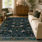 Covaba botanical bird garden chenille area rug in ink black, styled in a room setting, view 8