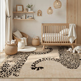 Covaba modern safari leopard area rug in warm beige, styled in a room setting, view 2