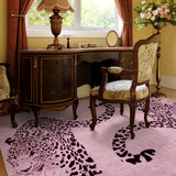 Covaba modern safari leopard area rug in blush clay, styled in a room setting, view 3