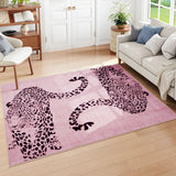 Covaba modern safari leopard area rug in blush clay, styled in a room setting, view 4