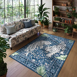 Covaba wild tiger area rug in stormy blue, styled in a room setting, view 5