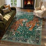Covaba wild tiger area rug in fern green, styled in a room setting, view 9