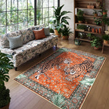 Covaba wild tiger area rug in burnt rust, styled in a room setting, view 5