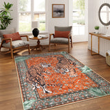Covaba wild tiger area rug in burnt rust, styled in a room setting, view 4