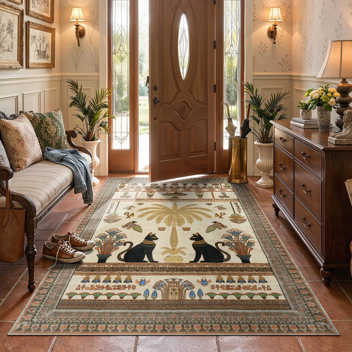 Covaba ancient egyptian revival cat area rug in warm beige, styled in a room setting