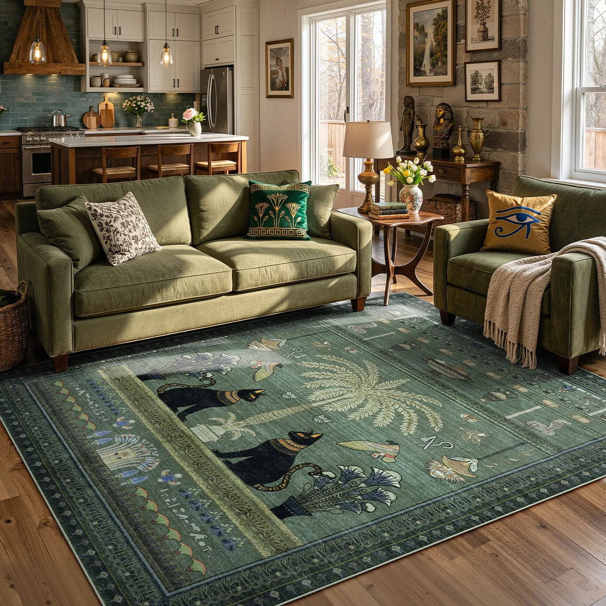 Covaba ancient egyptian revival cat area rug in fern green, styled in a room setting