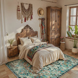 Covaba bohemian floral medallion area rug in teal haze, styled in a room setting, view 9