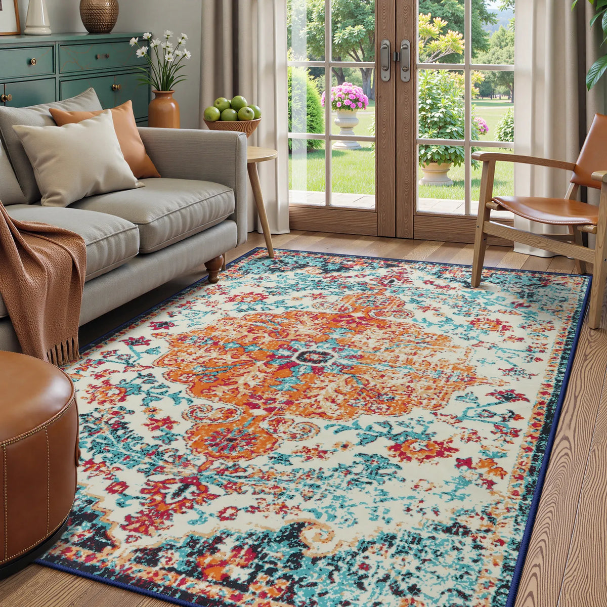 Covaba bohemian floral medallion area rug in amber clay, styled in a room setting