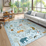 Covaba jungle animals area rug in stormy blue, styled in a room setting, view 7