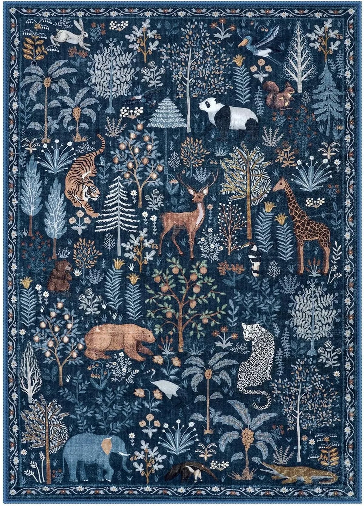 Covaba jungle animals area rug in deep navy, styled in a room setting