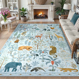 Covaba jungle animals area rug in stormy blue, styled in a room setting, view 6