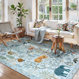 Covaba jungle animals area rug in stormy blue, styled in a room setting, view 9