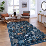 Covaba jungle animals area rug in deep navy, styled in a room setting, view 9