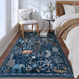 Covaba jungle animals area rug in deep navy, styled in a room setting, view 8