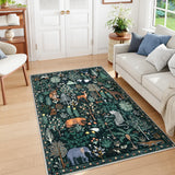 Covaba jungle animals area rug in fern green, styled in a room setting, view 4