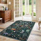 Covaba jungle animals area rug in fern green, styled in a room setting, view 10