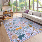 Covaba jungle animals area rug in muted plum, styled in a room setting, view 9