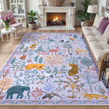 Covaba jungle animals area rug in muted plum, styled in a room setting, view 6