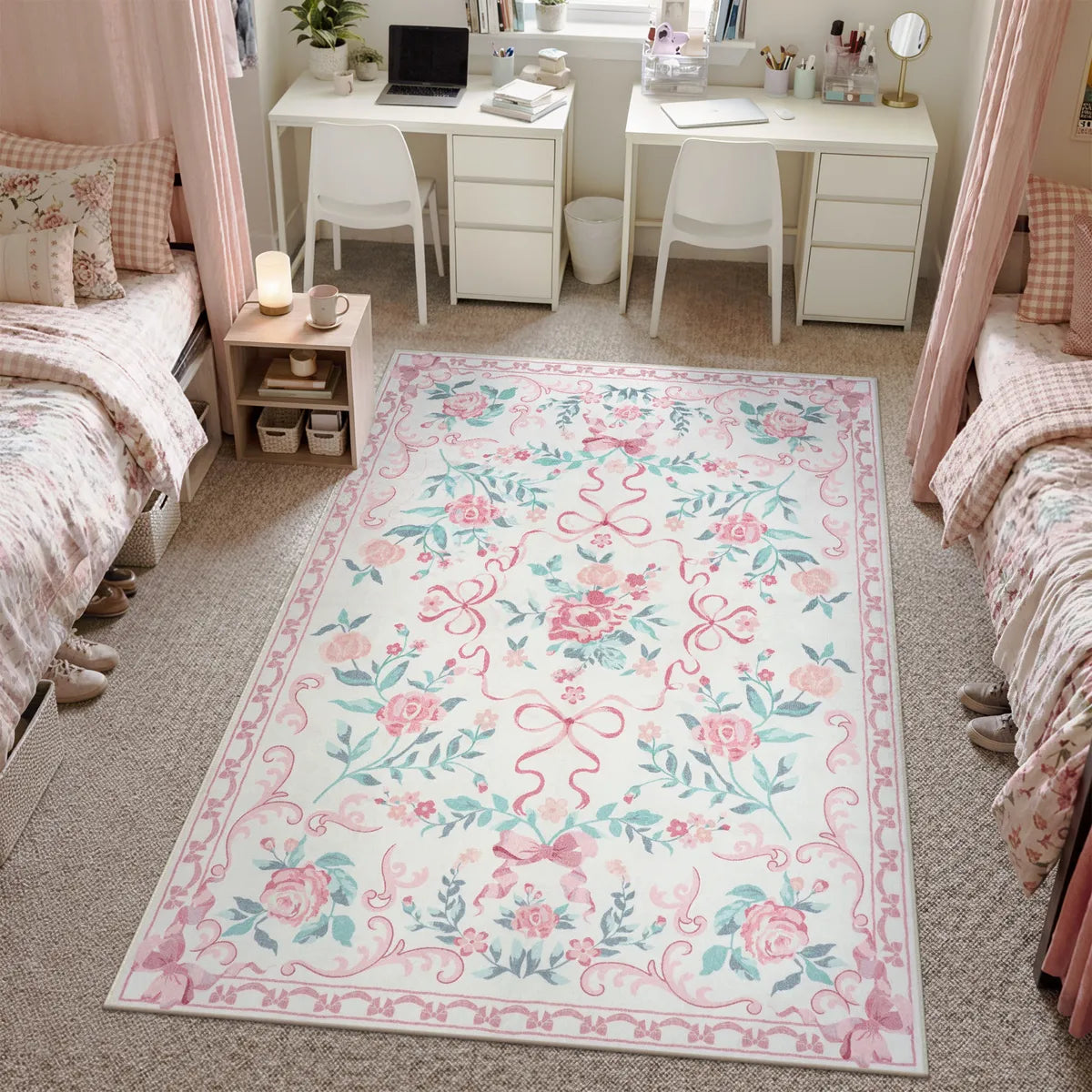 Covaba floral bows area rug in blush clay, styled in a room setting