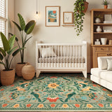 Covaba boho birdsong floral garden area rug in sage mist, styled in a room setting, view 2