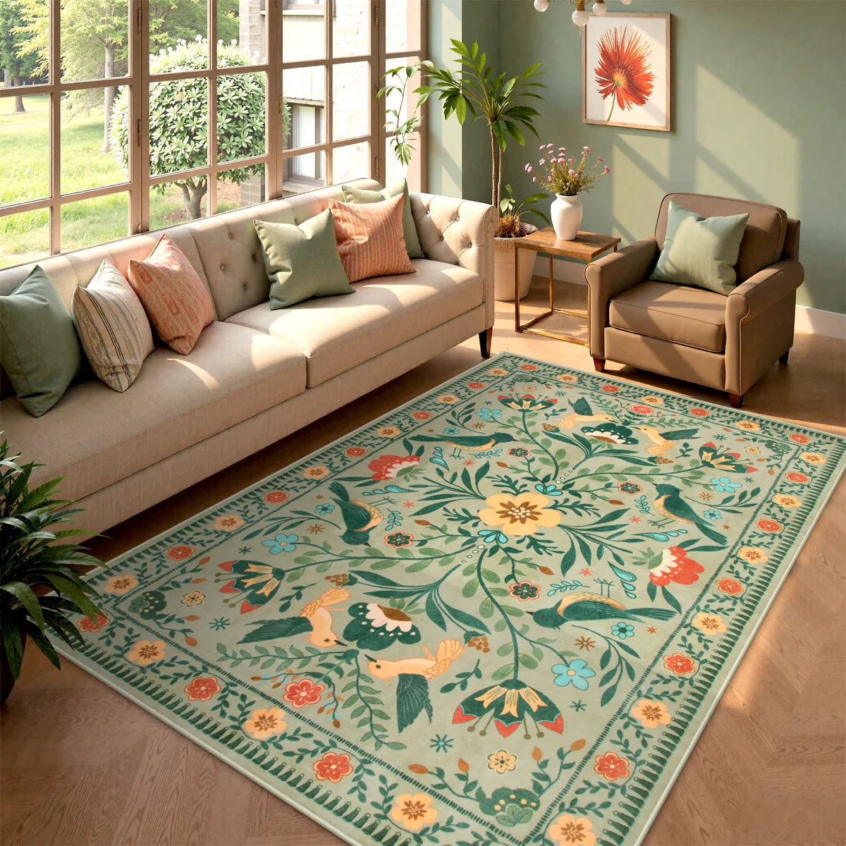 Covaba boho birdsong floral garden area rug in sage mist, styled in a room setting