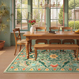Covaba boho birdsong floral garden area rug in sage mist, styled in a room setting, view 3