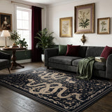 Covaba mystical snake area rug in ink black, styled in a room setting, view 11
