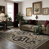 Covaba mystical snake area rug in coffee brown, styled in a room setting, view 2