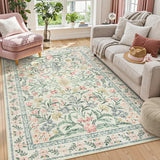 Covaba boho modern parisian garden floral area rug in warm beige, styled in a room setting, view 7