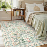 Covaba boho modern parisian garden floral area rug in warm beige, styled in a room setting, view 5