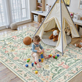 Covaba boho modern parisian garden floral area rug in warm beige, styled in a room setting, view 6