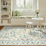 Covaba boho modern parisian garden floral area rug in warm beige, styled in a room setting, view 4