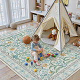 Covaba boho modern parisian garden floral area rug in stormy blue, styled in a room setting, view 5