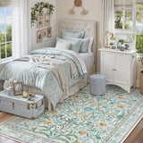 Covaba boho modern parisian garden floral area rug in stormy blue, styled in a room setting, view 6