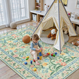 Covaba boho modern parisian garden floral area rug in fern green, styled in a room setting, view 2