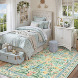 Covaba boho modern parisian garden floral area rug in fern green, styled in a room setting, view 4
