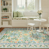 Covaba boho modern parisian garden floral area rug in fern green, styled in a room setting, view 3