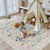 Covaba boho modern parisian garden floral area rug in muted plum, styled in a room setting, view 10