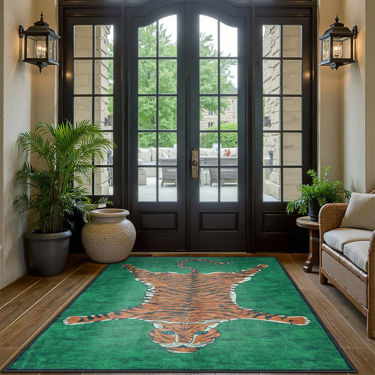 Covaba aesthetic tiger area rug in fern green, styled in a room setting