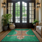 Covaba aesthetic tiger area rug in fern green, styled in a room setting