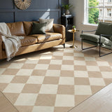 Covaba modern geometric checkered area rug in warm beige, styled in a room setting