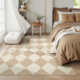 Covaba modern geometric checkered area rug in warm beige, styled in a room setting, view 2