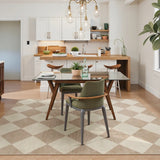 Covaba modern geometric checkered area rug in warm beige, styled in a room setting, view 3