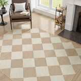 Covaba modern geometric checkered area rug in warm beige, styled in a room setting, view 4