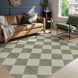 Covaba modern geometric checkered area rug in fern green, styled in a room setting