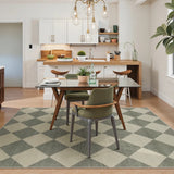 Covaba modern geometric checkered area rug in fern green, styled in a room setting, view 3