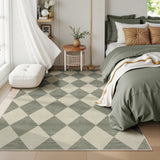Covaba modern geometric checkered area rug in fern green, styled in a room setting, view 2